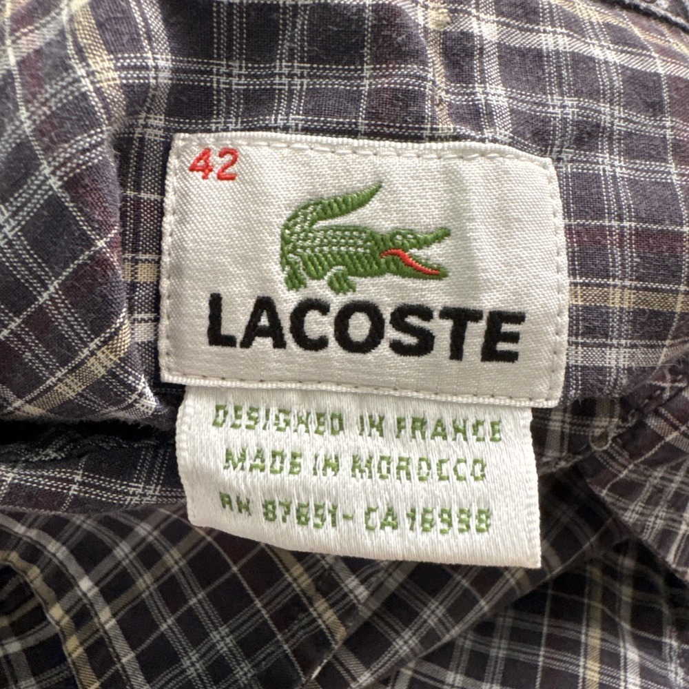 Lacoste 42 Mens Plaid Button Up Shirt L/S Flannel‎ Cotton Casual Brown Grey Top - Picture 5 of 7